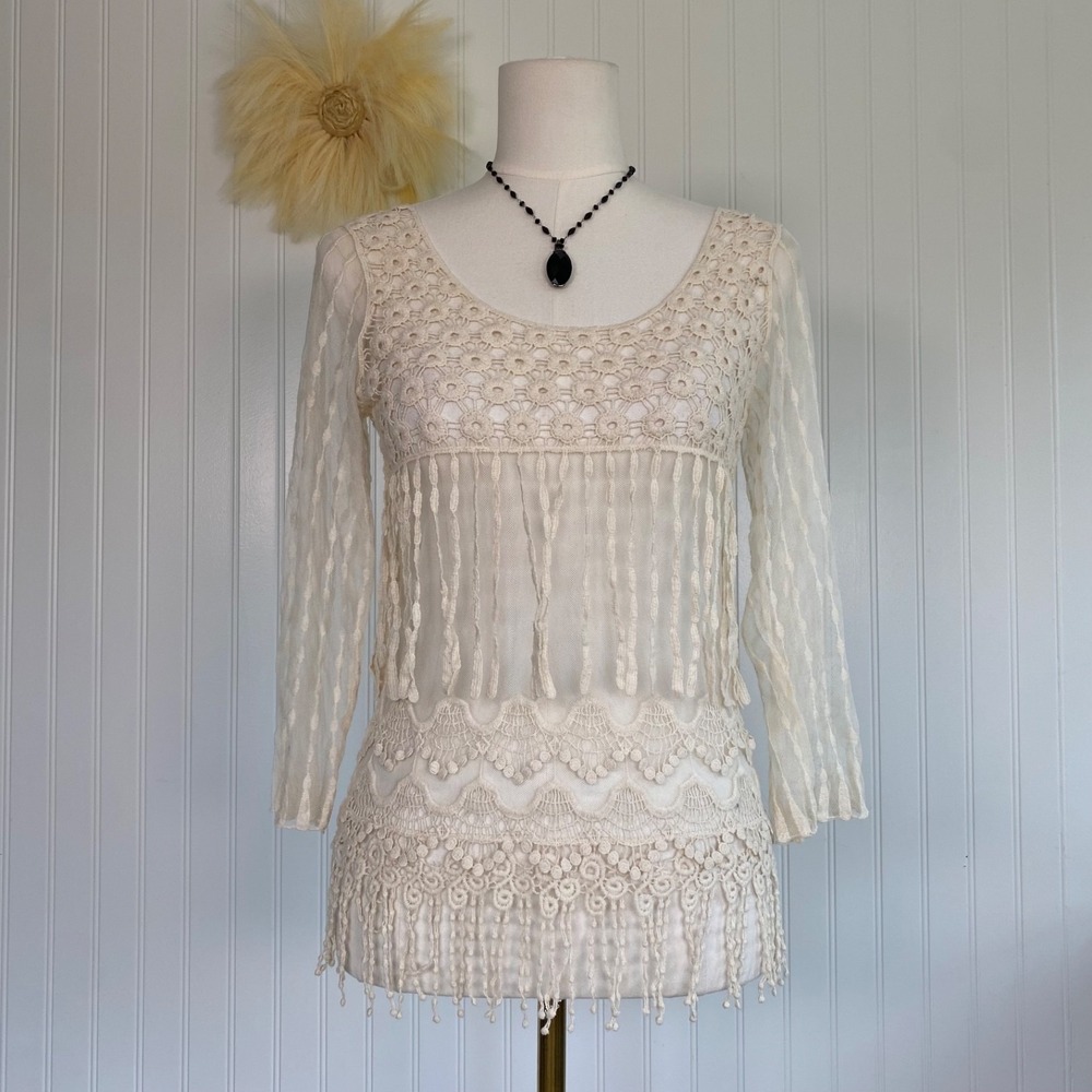 Vintage Deb Boho Festival Y2K Crochet Fringe Top Size S Western Cowgirl Sheer